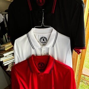 3- 2XL Albert Morris polo shirts. Black, red, and white